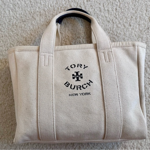 Tory Burch Cream Canvas Mini Mercer Tote with Navy Logo - Picture 10 of 10